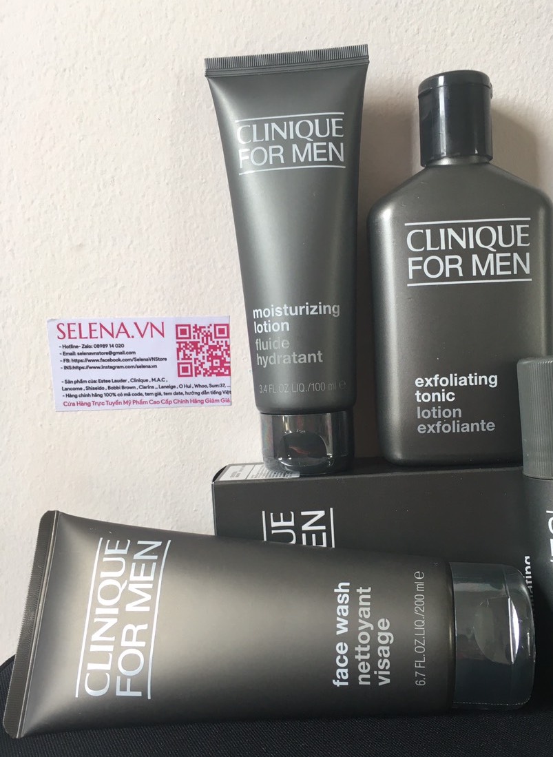 Bộ chăm sóc da Nam Giới có da thường đến da khô Clinique For Men bao gồm: sửa rửa mặt, tonic thanh tẩy và kem dưỡng ẩm